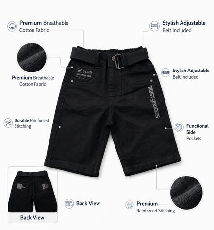 Boys’ Washed Black Graphic Denim Bermuda Shorts with Belt