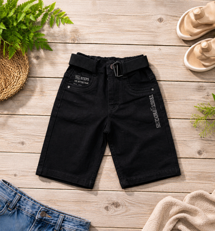 Boys’ Washed Black Graphic Denim Bermuda Shorts with Belt