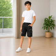 Boys’ Black Gaming Print Cargo Bermuda Shorts with Belt