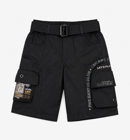 Boys’ Black Gaming Print Cargo Bermuda Shorts with Belt