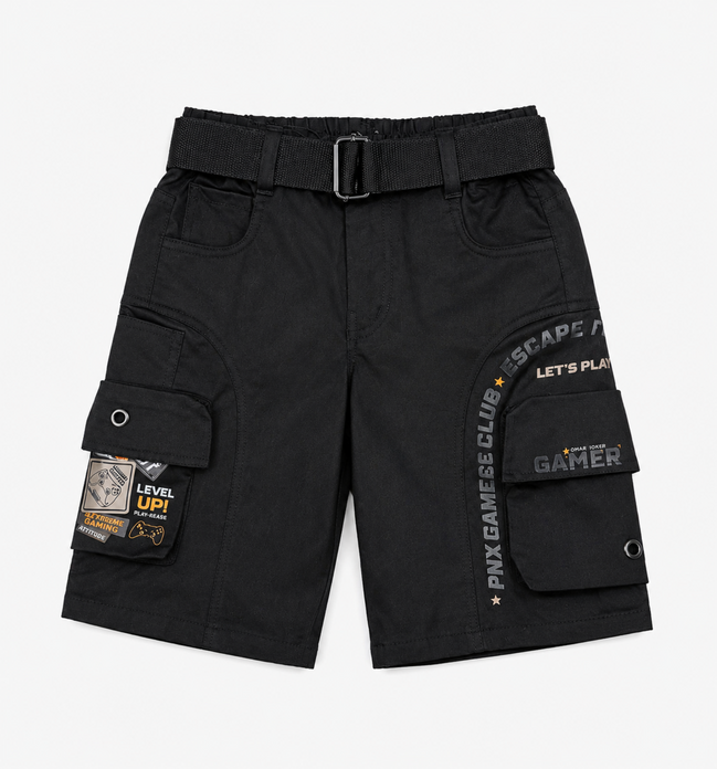 Boys’ Black Gaming Print Cargo Bermuda Shorts with Belt