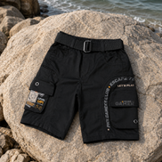 Boys’ Black Gaming Print Cargo Bermuda Shorts with Belt