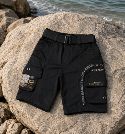 Boys’ Black Gaming Print Cargo Bermuda Shorts with Belt