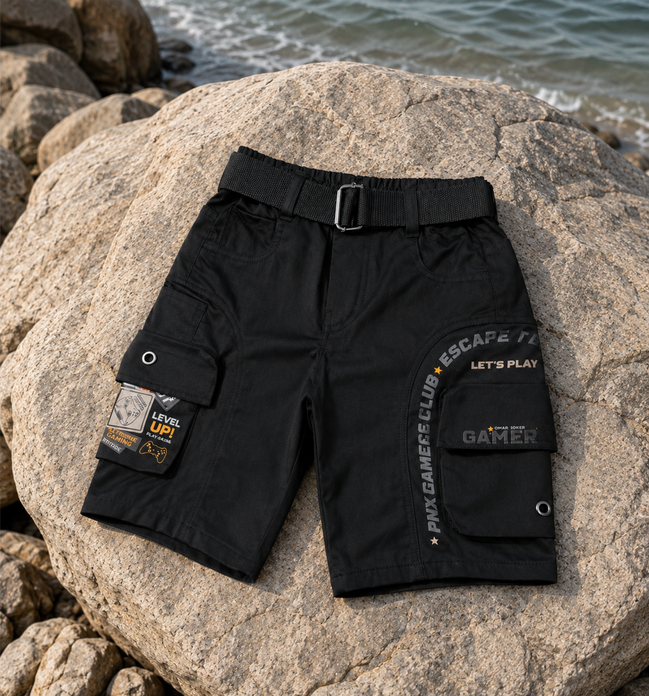 Boys’ Black Gaming Print Cargo Bermuda Shorts with Belt