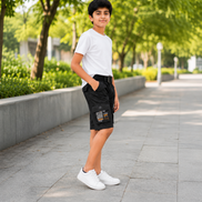 Boys’ Black Gaming Print Cargo Bermuda Shorts with Belt