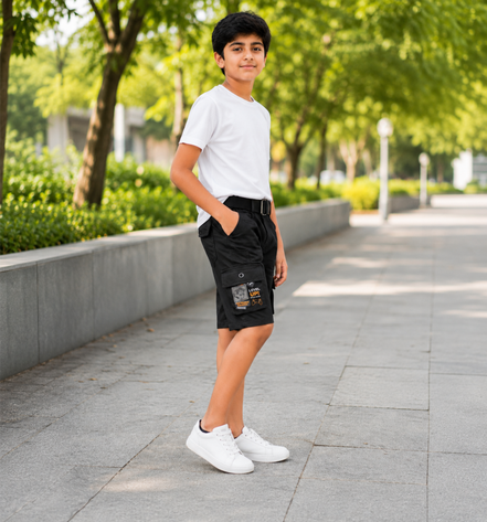 Boys’ Black Gaming Print Cargo Bermuda Shorts with Belt