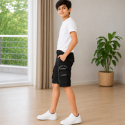 Boys’ Black Gaming Print Cargo Bermuda Shorts with Belt