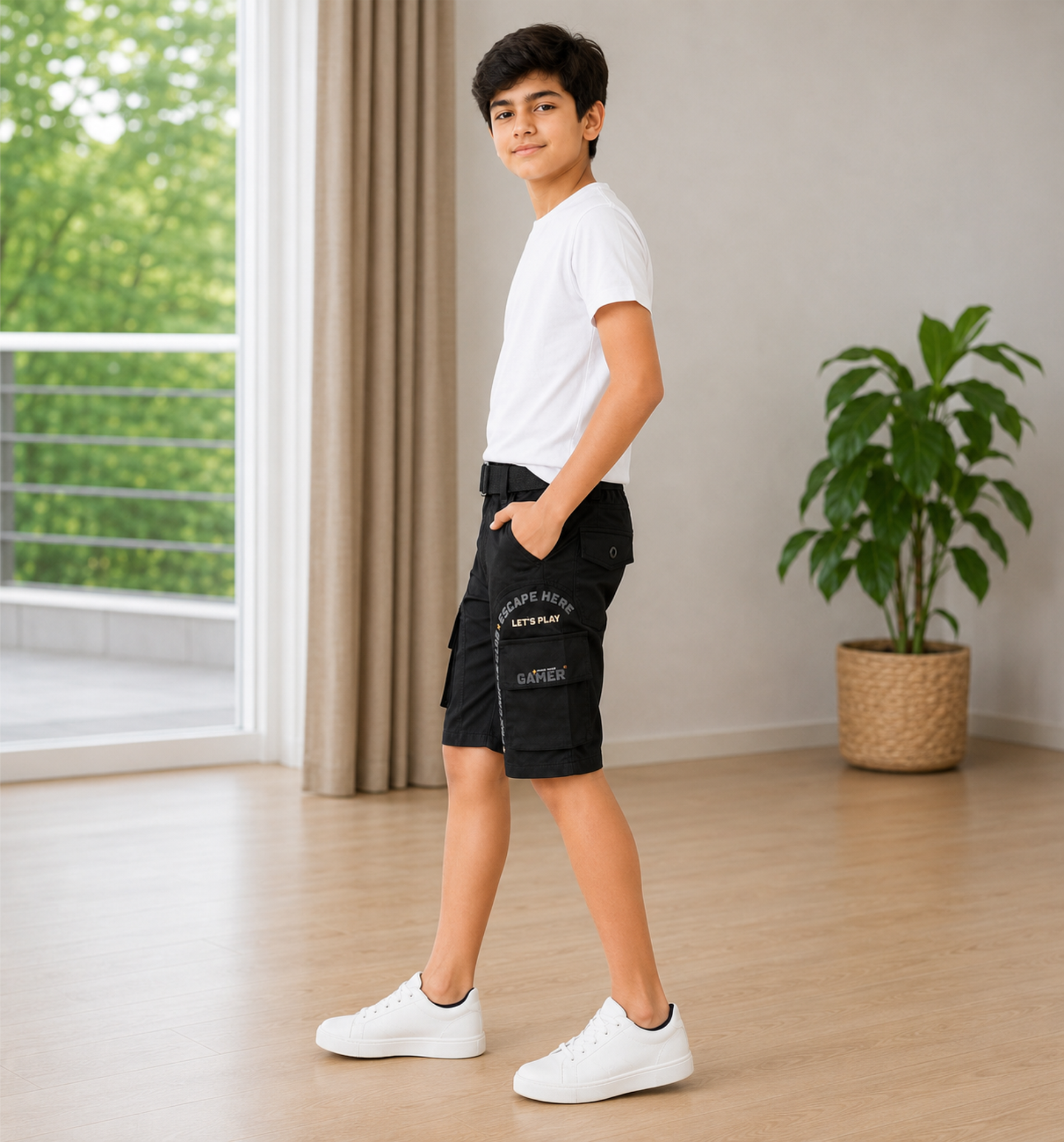 Boys’ Black Gaming Print Cargo Bermuda Shorts with Belt