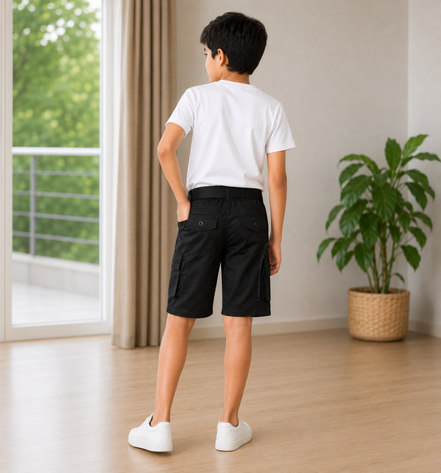 Boys’ Black Gaming Print Cargo Bermuda Shorts with Belt