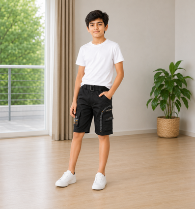 Boys’ Black Gaming Print Cargo Bermuda Shorts with Belt
