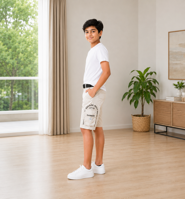 Boys’ Black Gaming Print Cargo Bermuda Shorts with Belt
