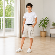 Boys’ Black Gaming Print Cargo Bermuda Shorts with Belt