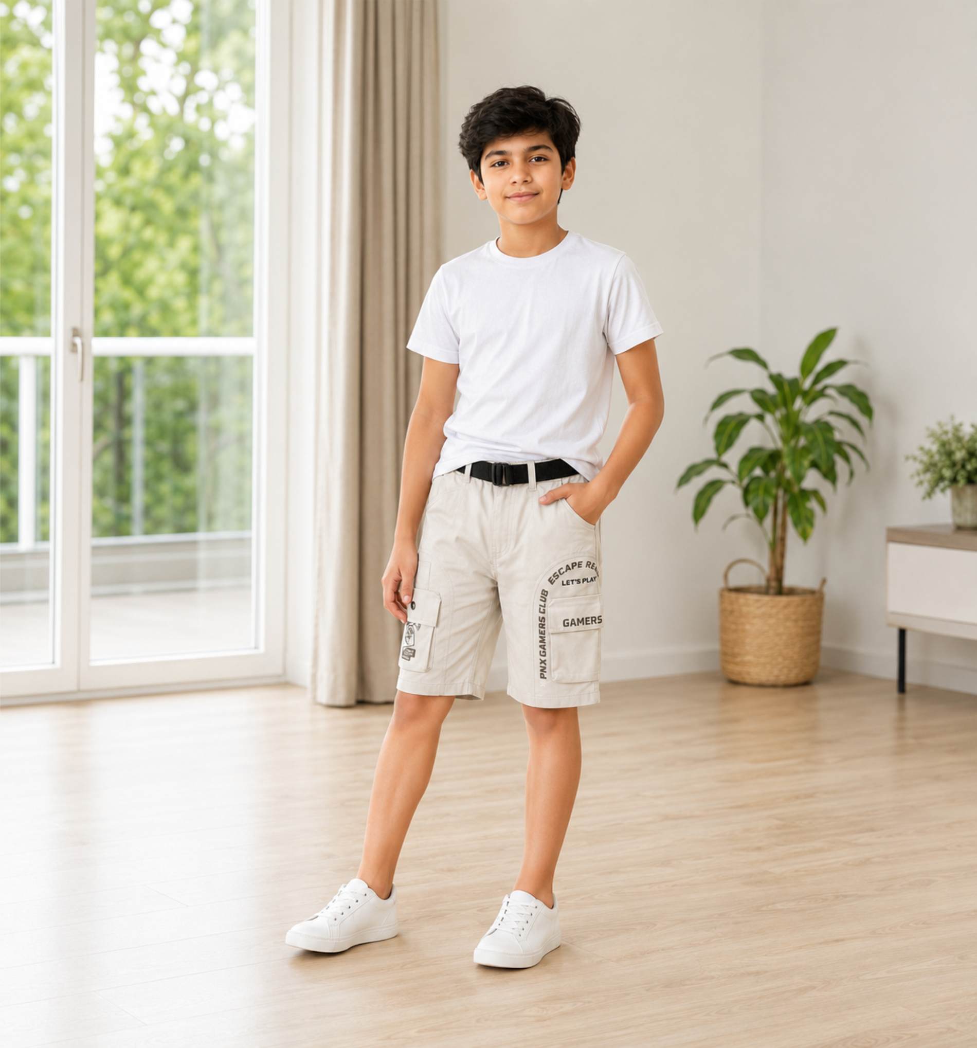 Boys’ Black Gaming Print Cargo Bermuda Shorts with Belt