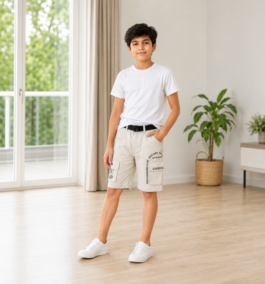 Boys’ Black Gaming Print Cargo Bermuda Shorts with Belt