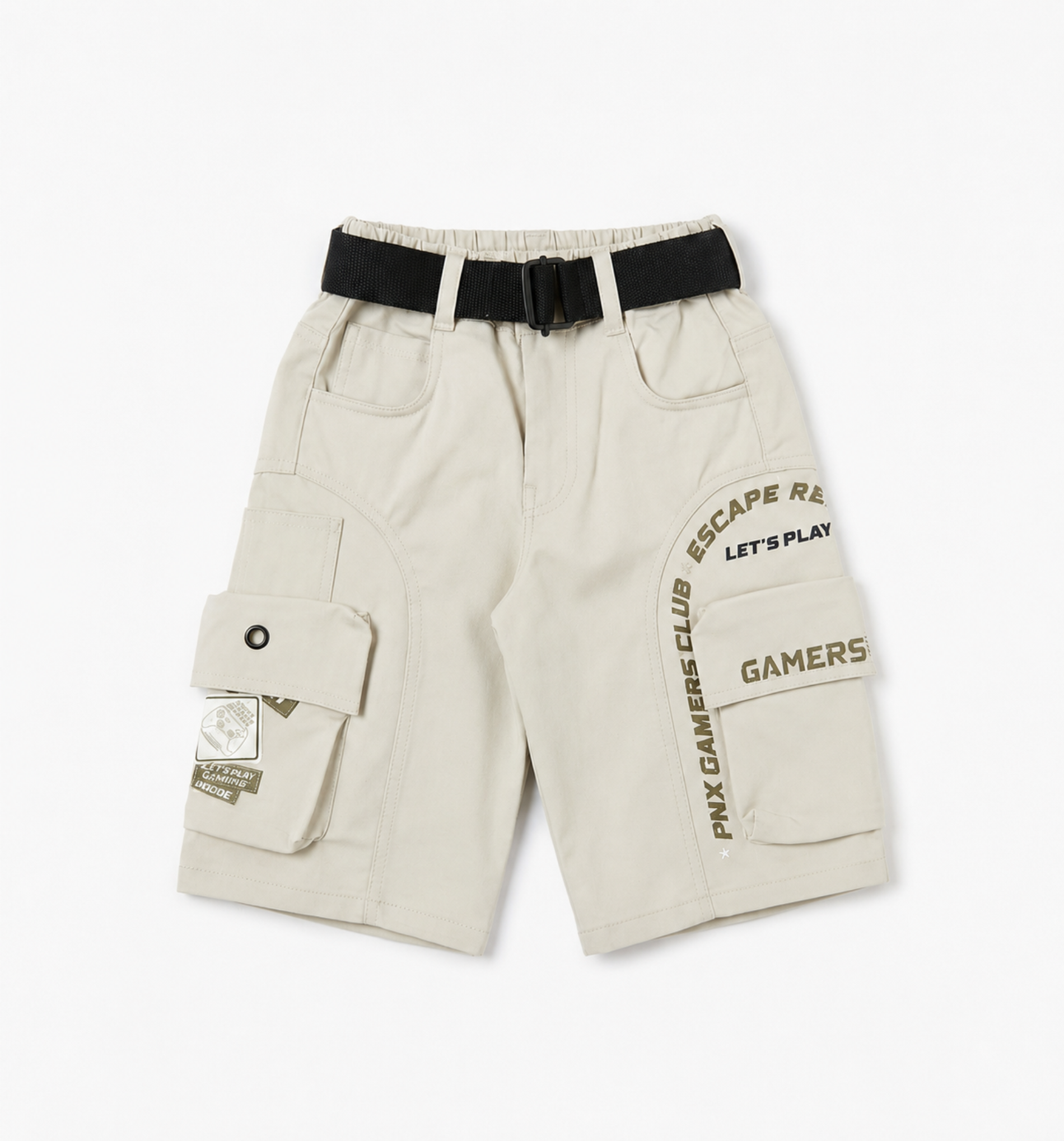 Boys’ Black Gaming Print Cargo Bermuda Shorts with Belt