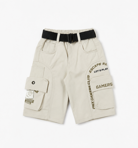 Boys’ Black Gaming Print Cargo Bermuda Shorts with Belt