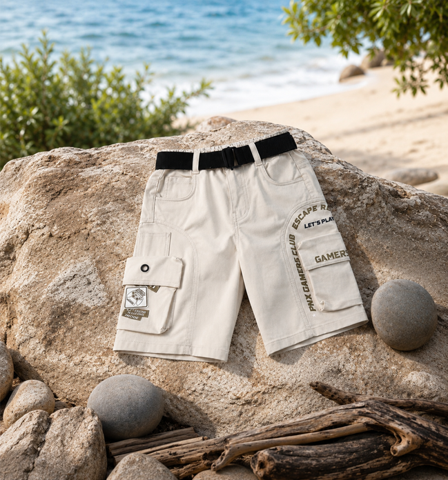 Boys’ Black Gaming Print Cargo Bermuda Shorts with Belt