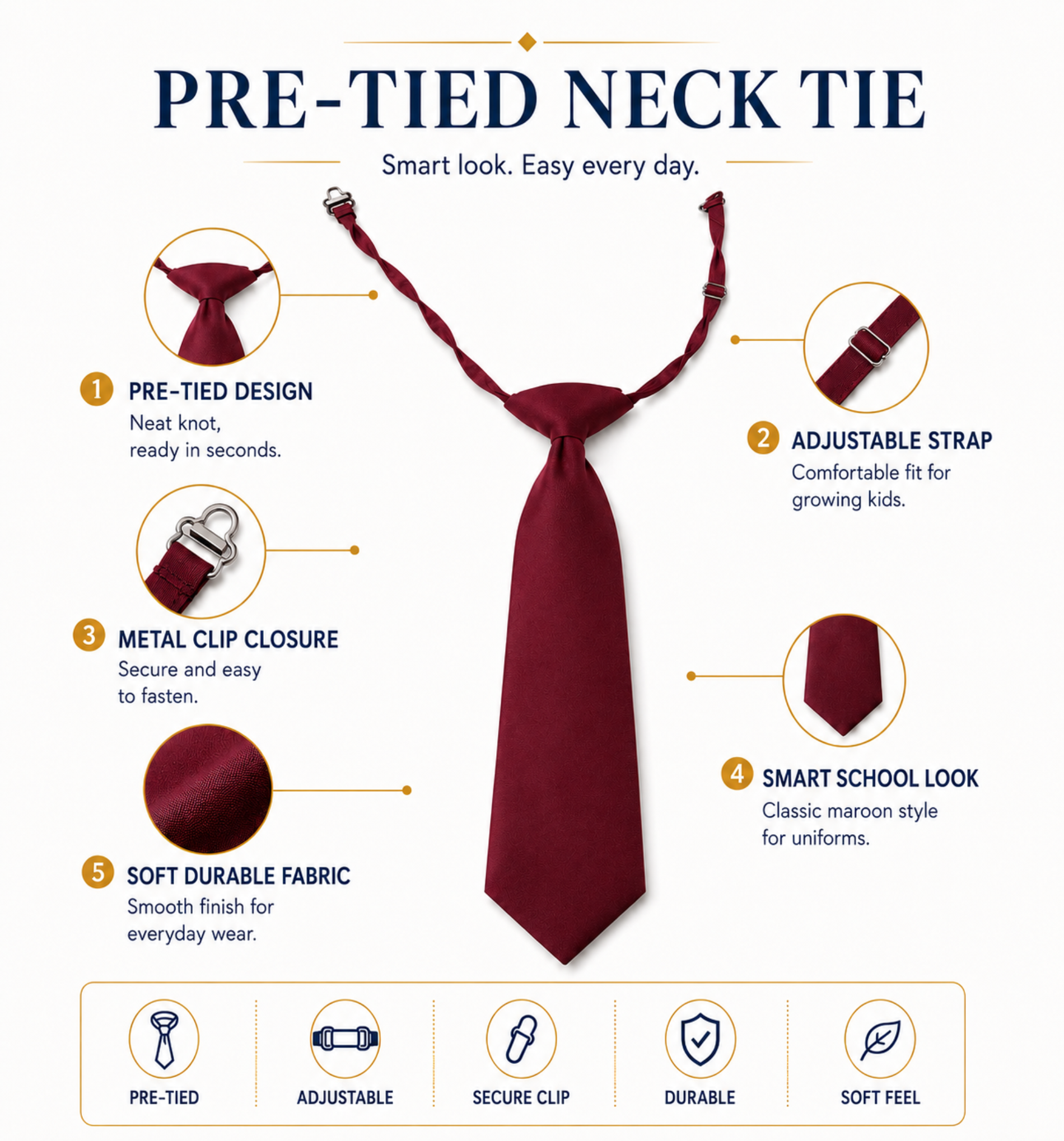 Maroon Pre-Tied School Uniform Tie