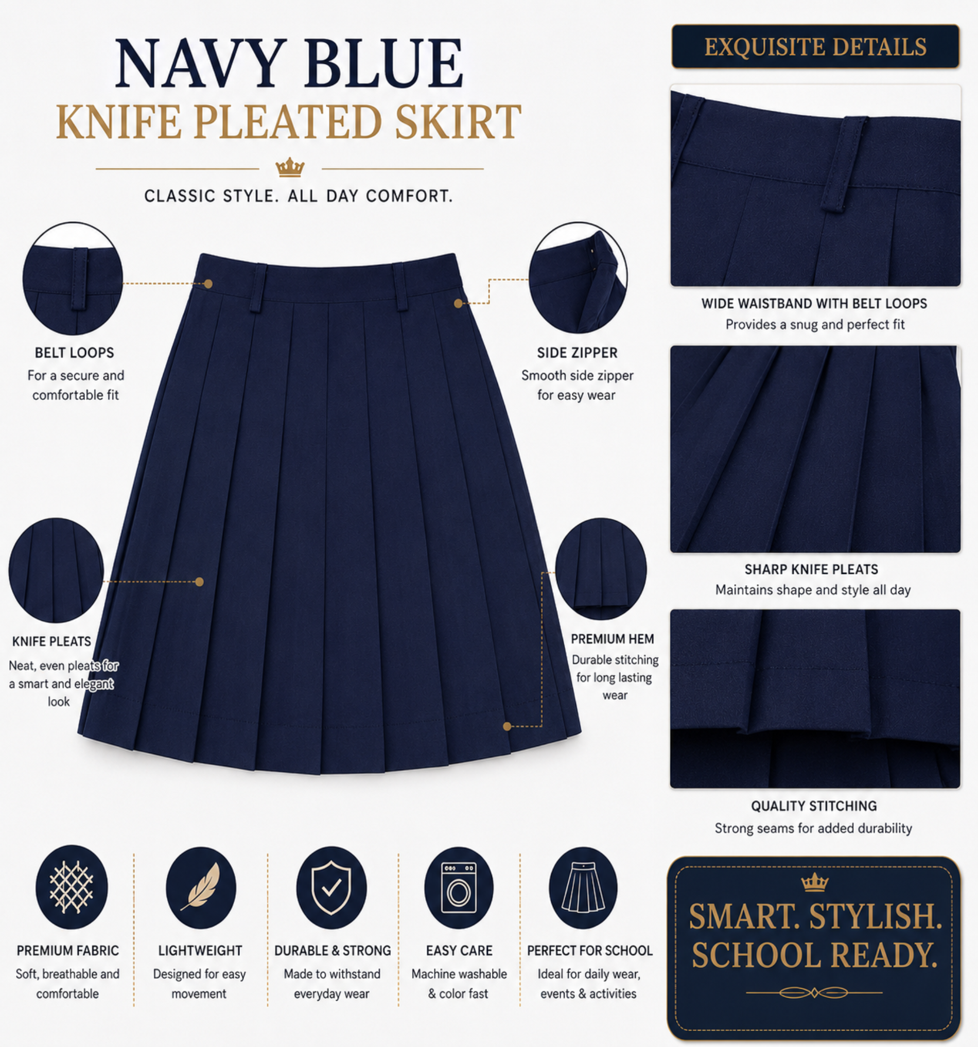 Navy Blue Pleated School Uniform Skirt