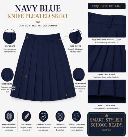 Navy Blue Pleated School Uniform Skirt