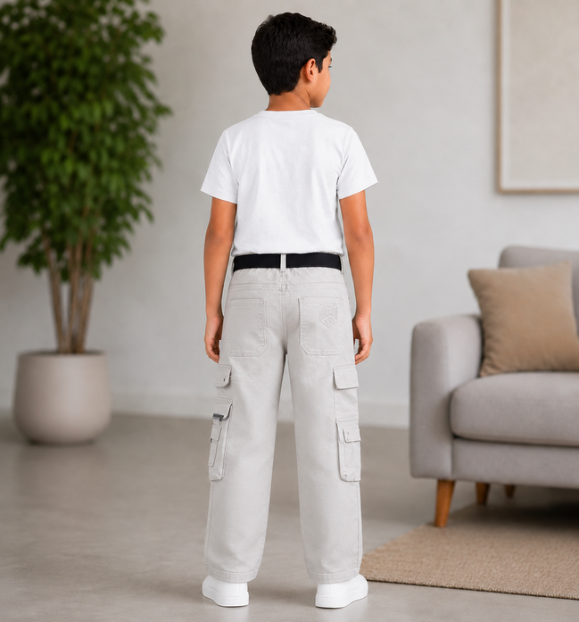 Boys’ Light Grey Cotton Utility Cargo Pants
