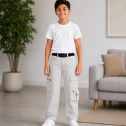 Boys’ Light Grey Cotton Utility Cargo Pants