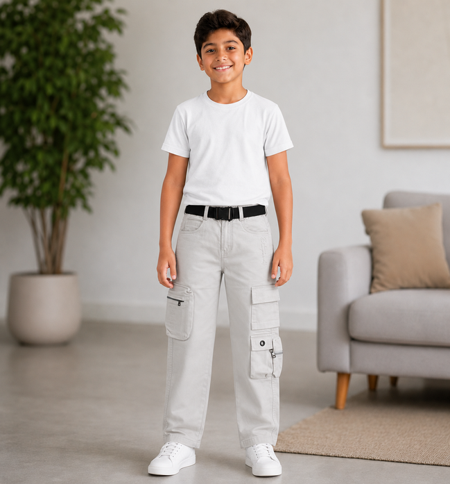 Boys’ Light Grey Cotton Utility Cargo Pants