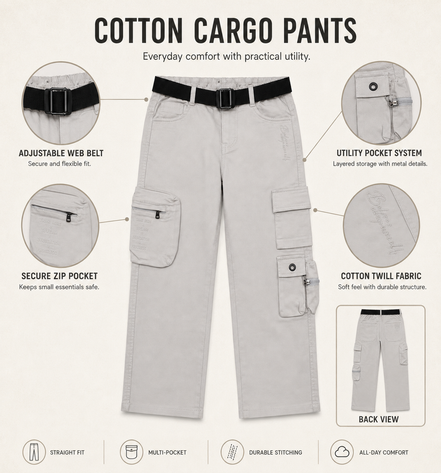 Boys’ Light Grey Cotton Utility Cargo Pants