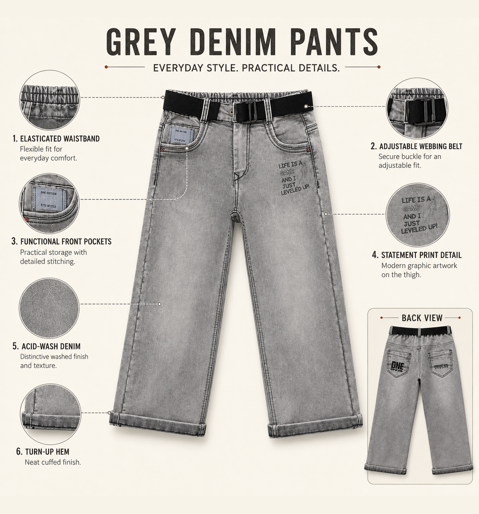 Boys’ Grey Acid-Wash Denim Pants