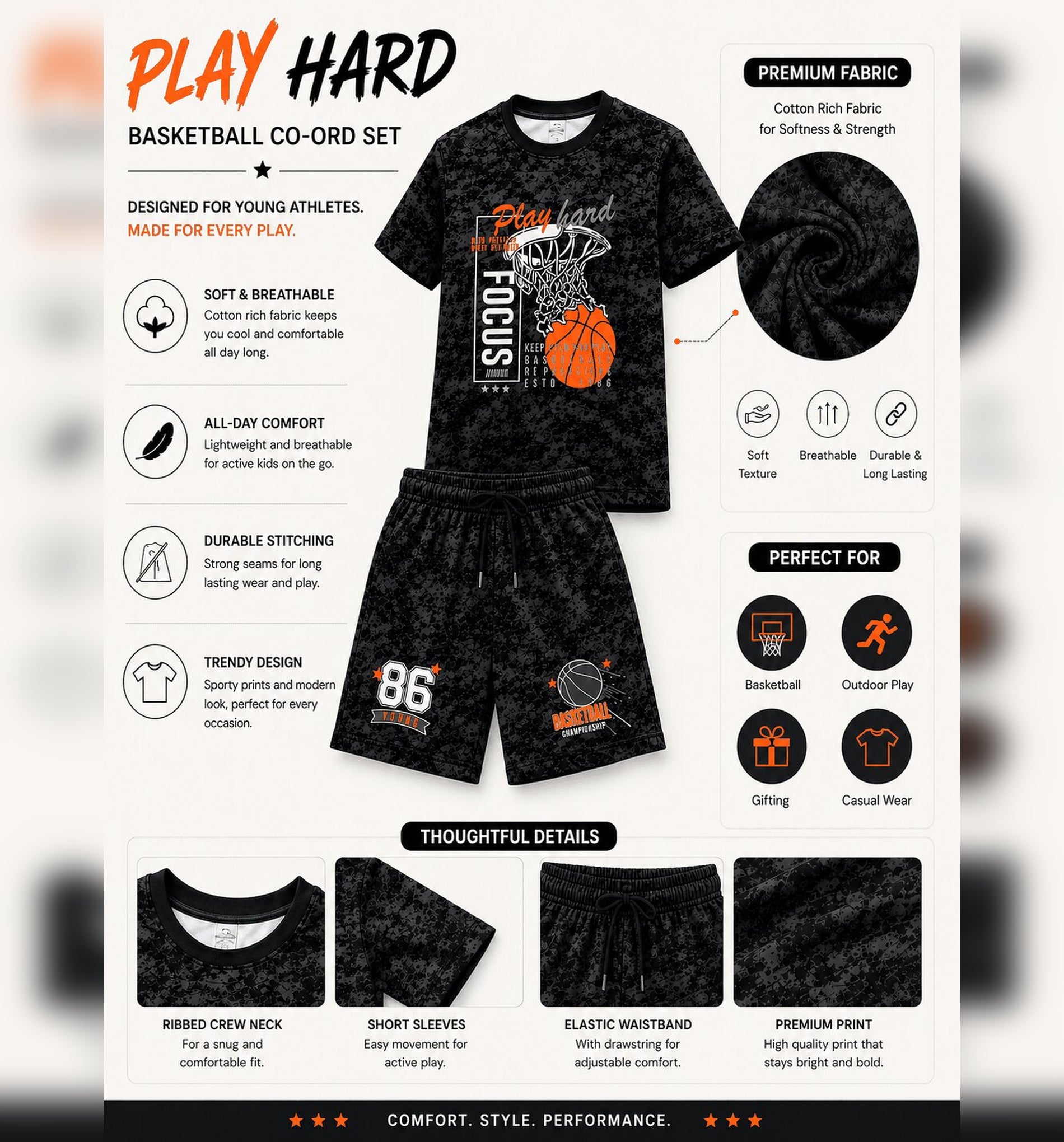 Boys Play Hard Basketball Printed Co-Ord Set