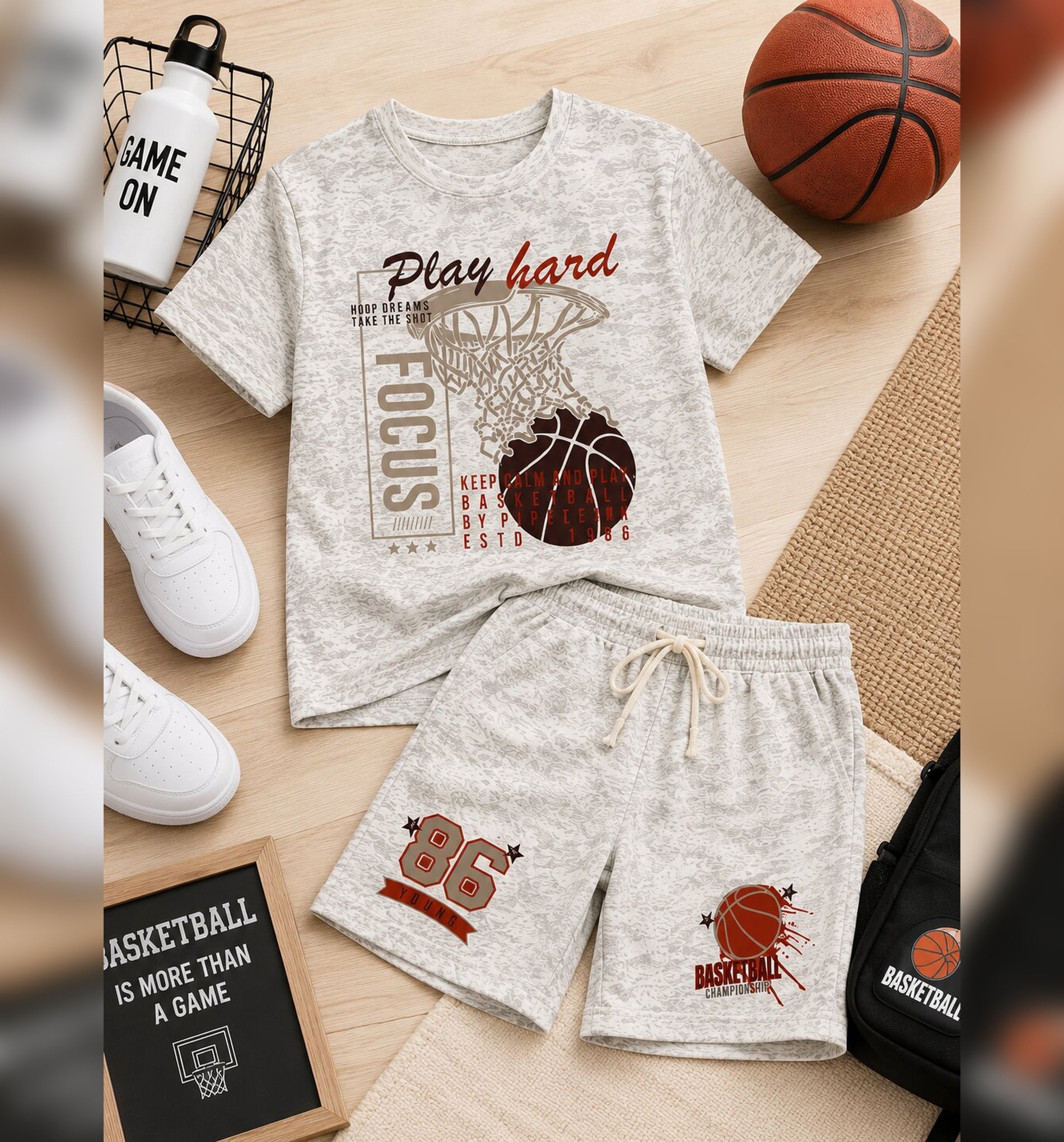Boys Play Hard Basketball Printed Co-Ord Set