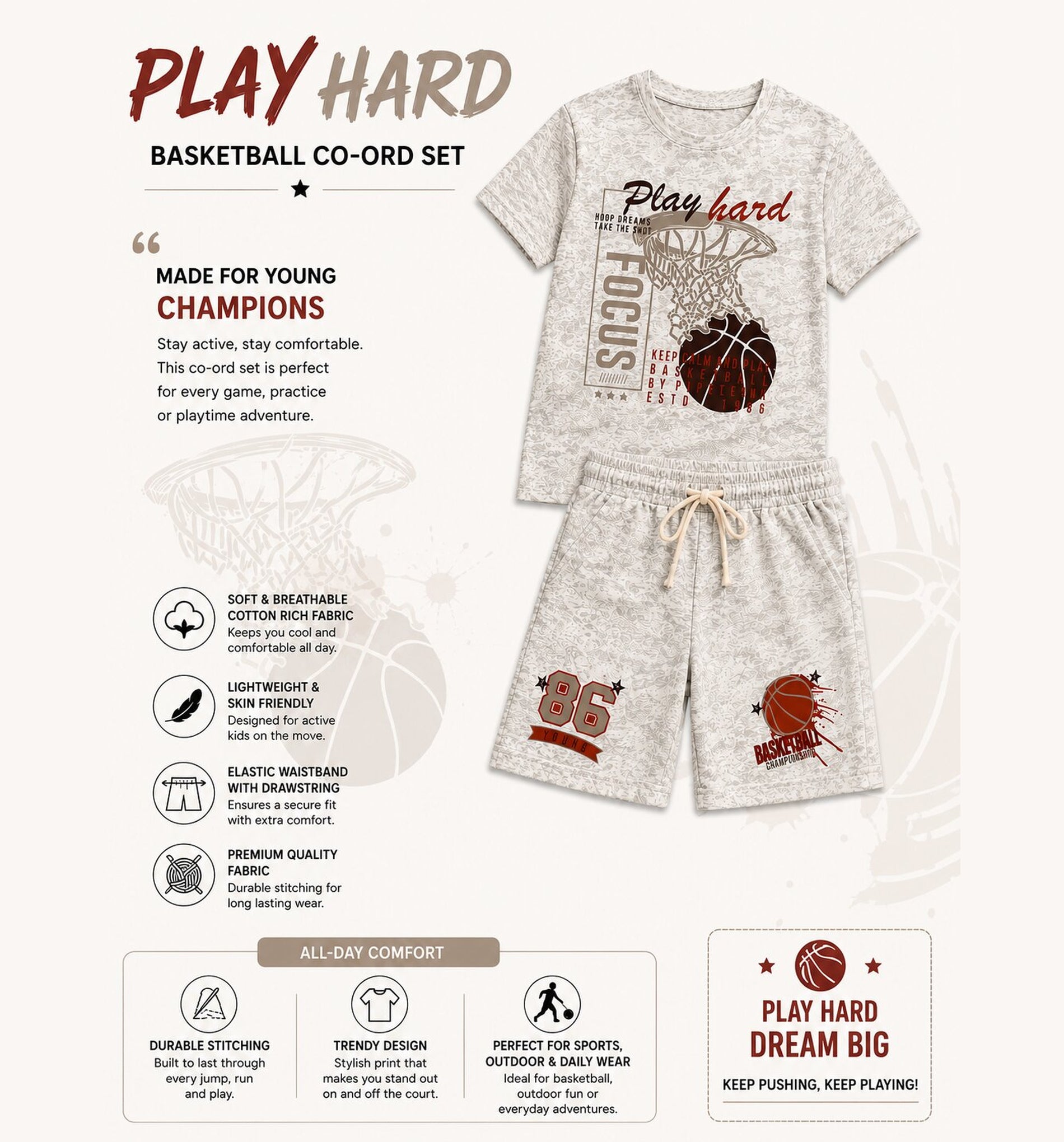 Boys Play Hard Basketball Printed Co-Ord Set