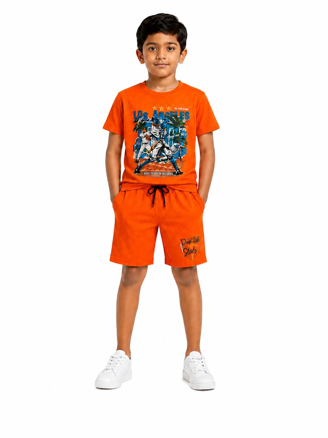 Boys Orange Printed T-Shirt & Shorts Co-Ord Set