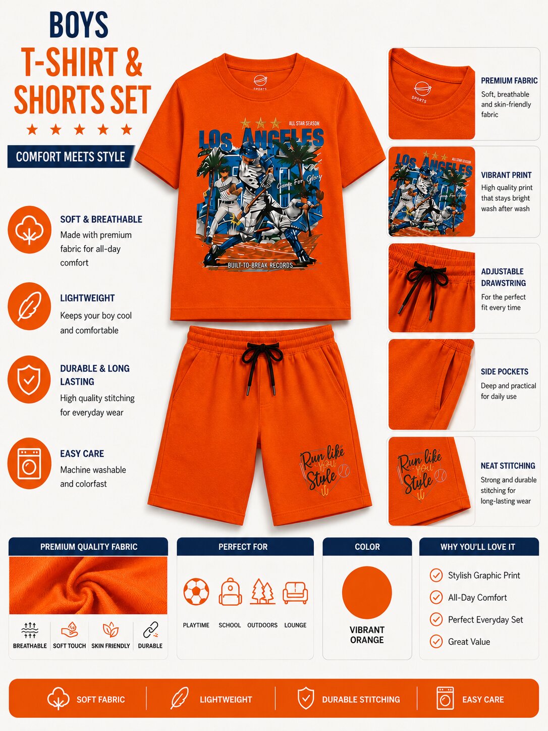 Boys Orange Printed T-Shirt & Shorts Co-Ord Set