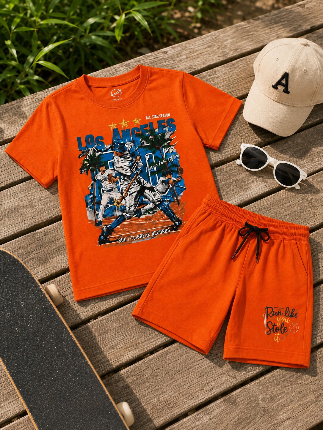 Boys Orange Printed T-Shirt & Shorts Co-Ord Set