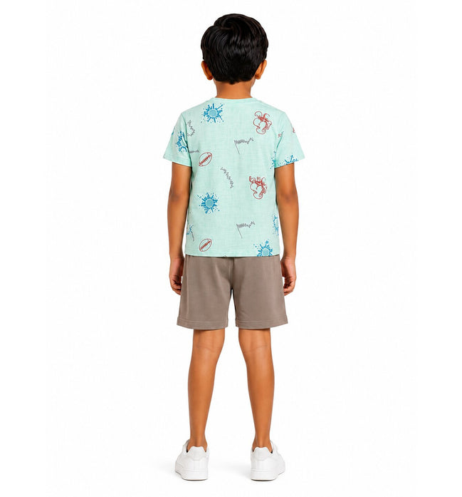 Boys Game On Printed Co-ord Set – Mint Green & Brown