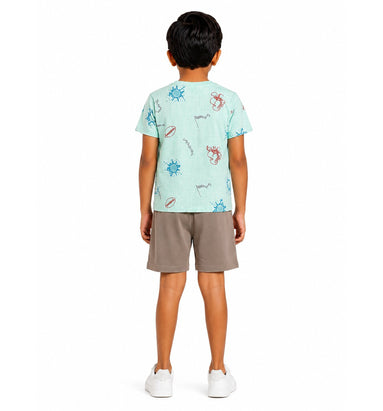Boys Game On Printed Co-ord Set – Mint Green & Brown