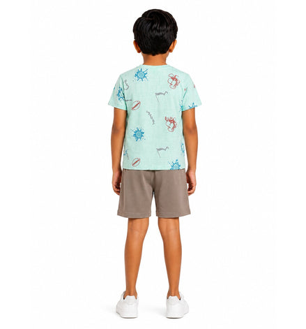 Boys Game On Printed Co-ord Set – Mint Green & Brown