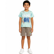 Boys Game On Printed Co-ord Set – Mint Green & Brown