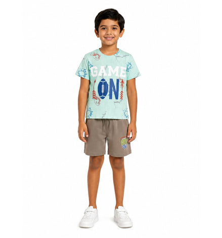 Boys Game On Printed Co-ord Set – Mint Green & Brown