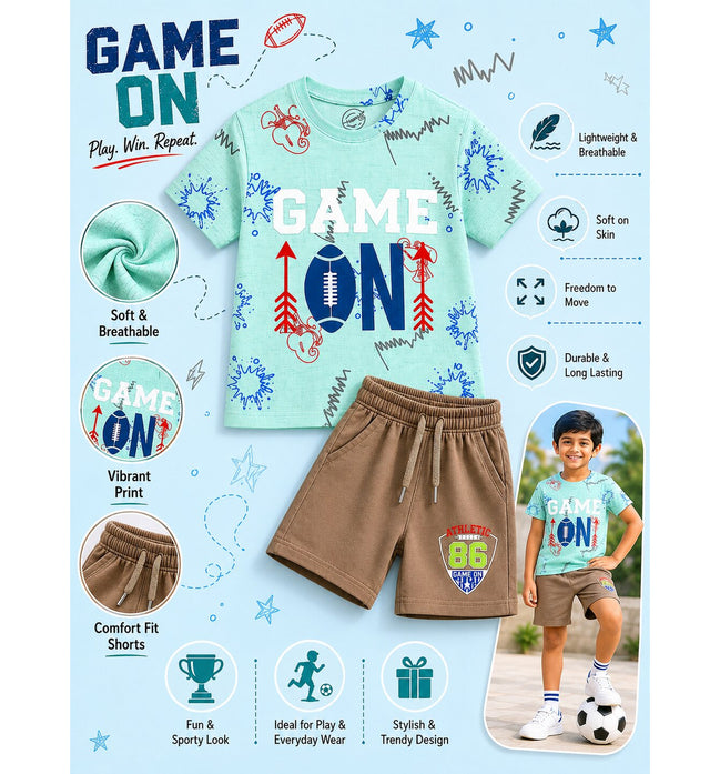 Boys Game On Printed Co-ord Set – Mint Green & Brown