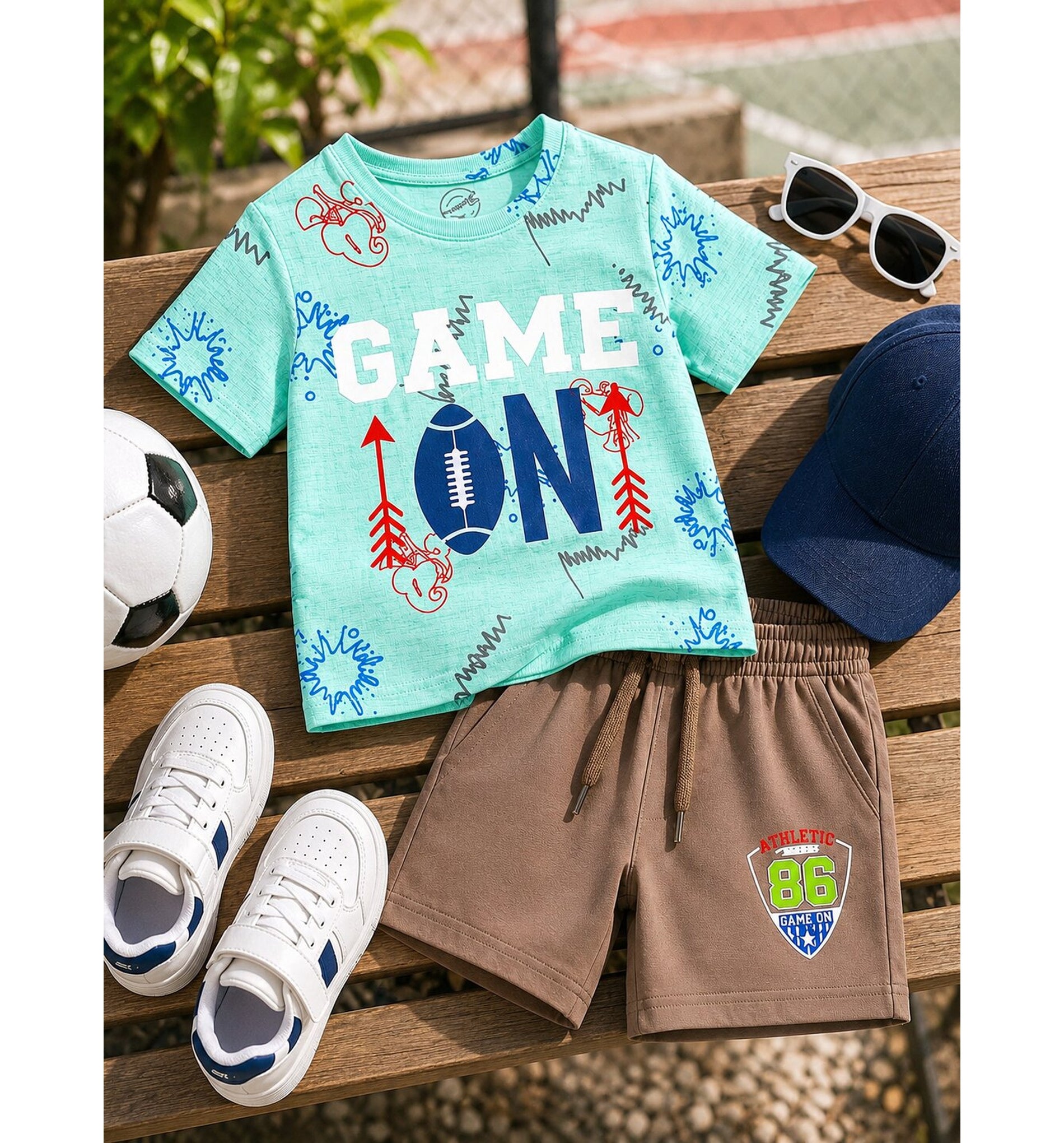 Boys Game On Printed Co-ord Set – Mint Green & Brown