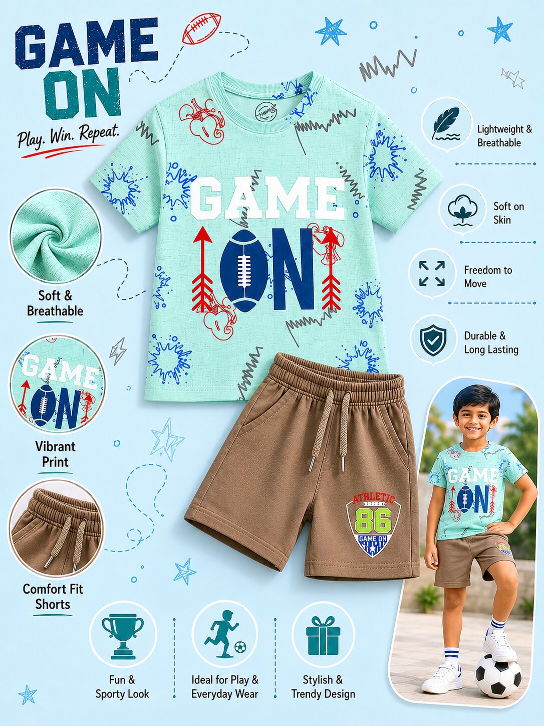 Boys Mint Printed T-Shirt & Shorts Co-Ord Set