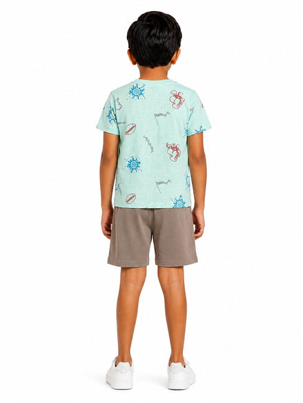 Boys Mint Printed T-Shirt & Shorts Co-Ord Set