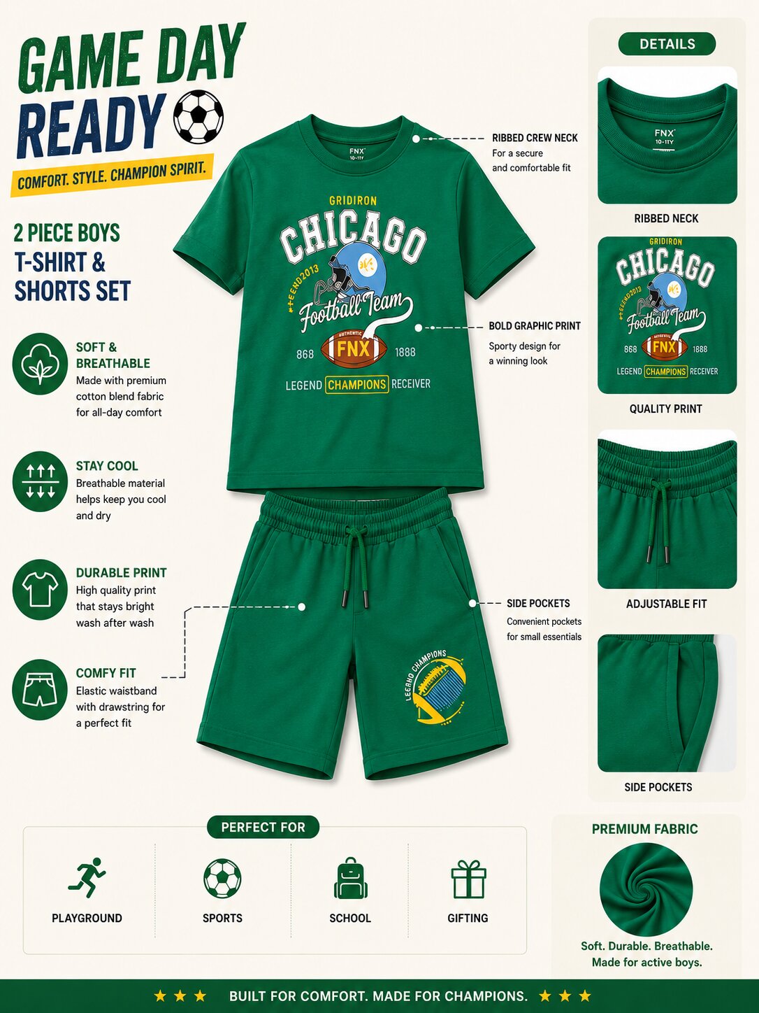 Boys Green Printed T-Shirt & Shorts Co-Ord Set