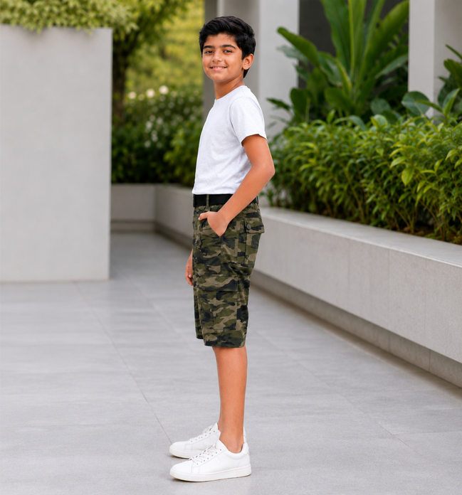 Boys’ Camouflage Cargo Bermuda Shorts with Belt
