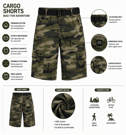 Boys’ Camouflage Cargo Bermuda Shorts with Belt
