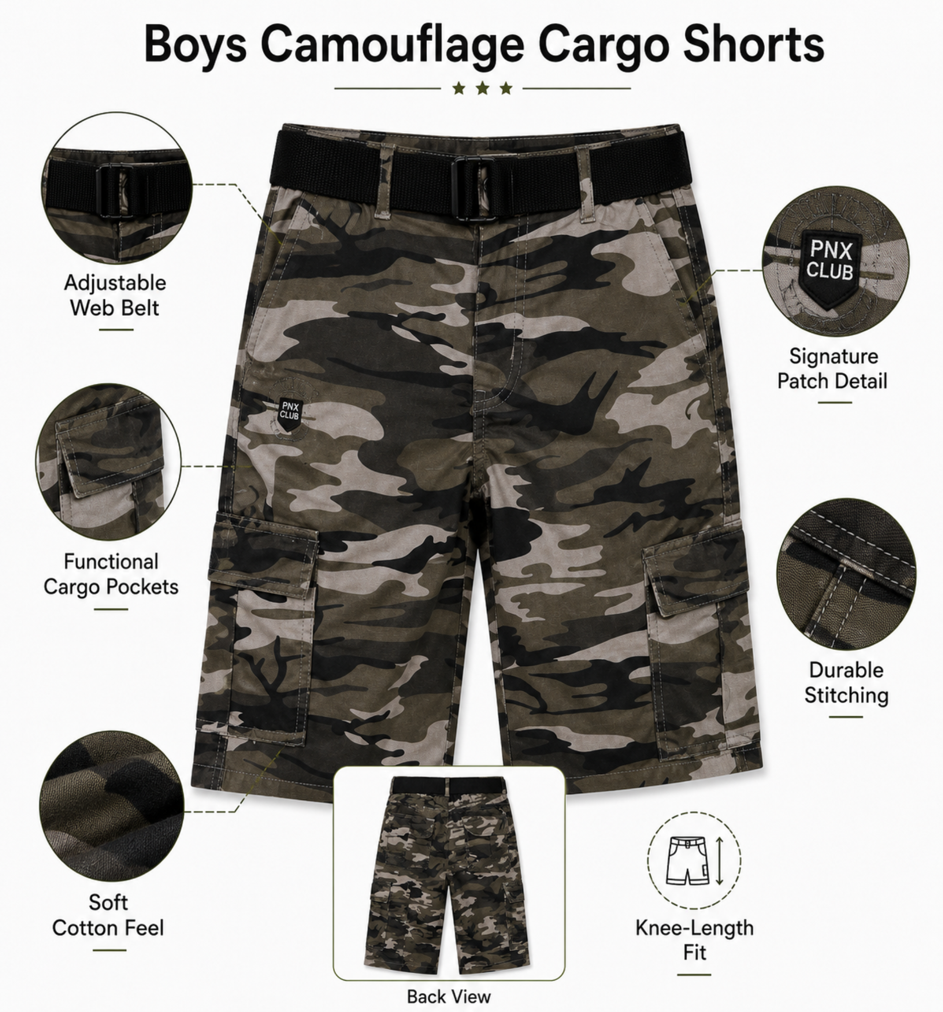 Boys’ Camouflage Cargo Bermuda Shorts with Belt