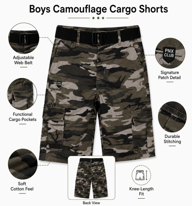 Boys’ Camouflage Cargo Bermuda Shorts with Belt