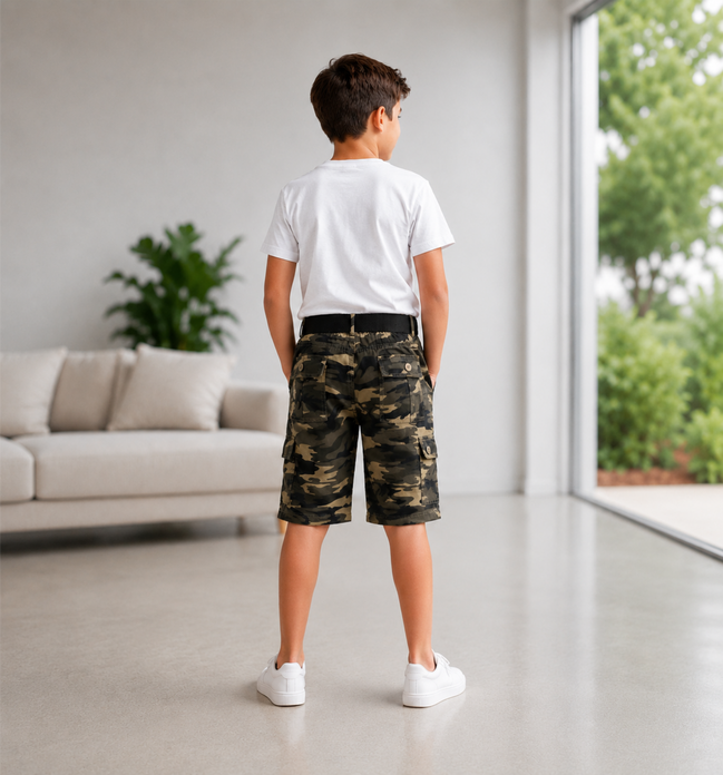 Boys’ Camouflage Cargo Bermuda Shorts with Belt